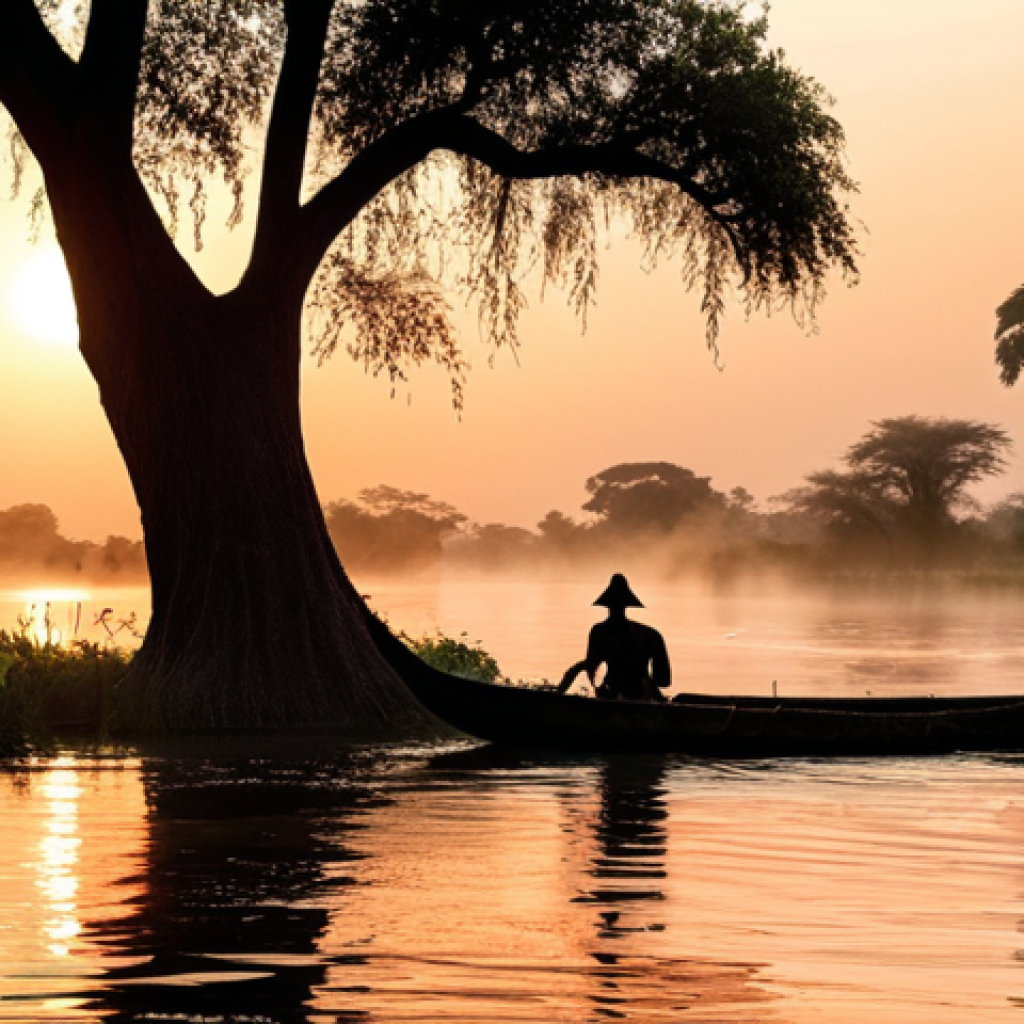 **

"Fishermen on the Zambezi River at sunrise, casting nets from traditional mokoros (dugout canoes). Mist hangs low over the water, reflecting the orange and pink hues of the dawn. Lush green riverbanks with silhouettes of acacia trees. The Zambezi is calm and wide."

**