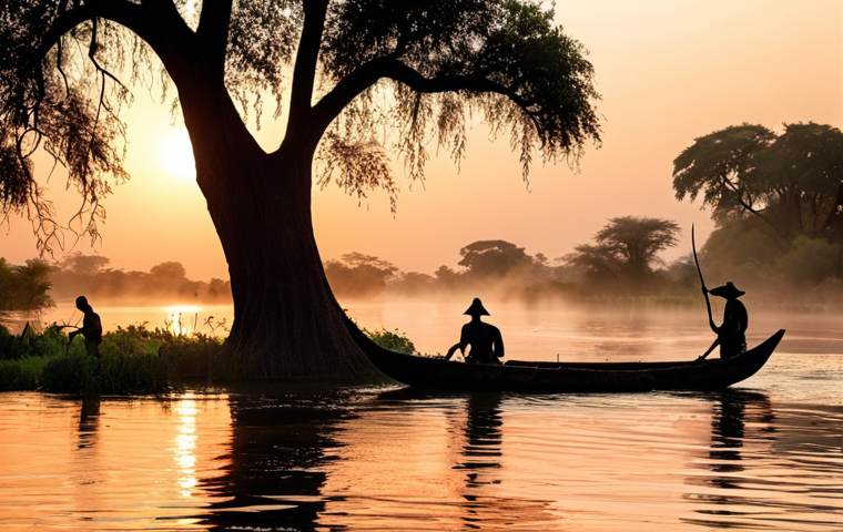 **
"Fishermen on the Zambezi River at sunrise, casting nets from traditional mokoros (dugout canoes). Mist hangs low over the water, reflecting the orange and pink hues of the dawn. Lush green riverbanks with silhouettes of acacia trees. The Zambezi is calm and wide."
**