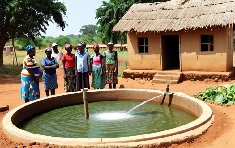 ** A vibrant scene depicting a USAID-funded program in a Zambian village. Show community members participating in a workshop on sustainable farming practices. In the background, a newly constructed well provides clean water. The overall atmosphere should be hopeful and collaborative.
**